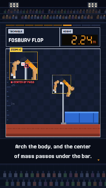 Pixel-art high jumper clearing the bar with the Fosbury Flop, height 2.24 m