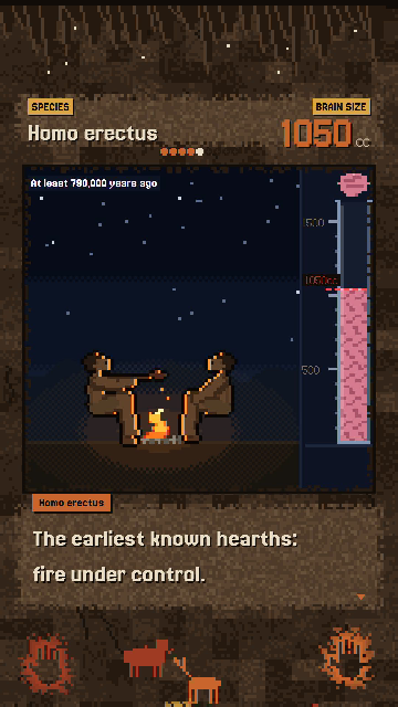 Pixel-art Homo erectus sitting by a campfire on a cave-painting background
