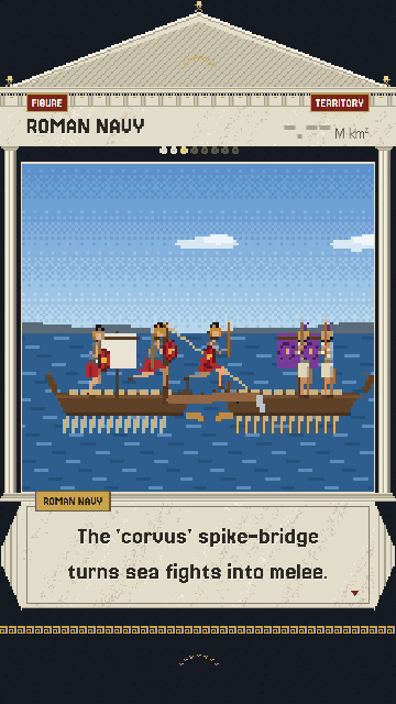 Pixel-art Roman warship boarding an enemy ship, framed by a Doric temple